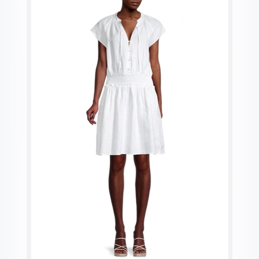 NWT Saks Fifth Avenue Smocked Linen Dress White